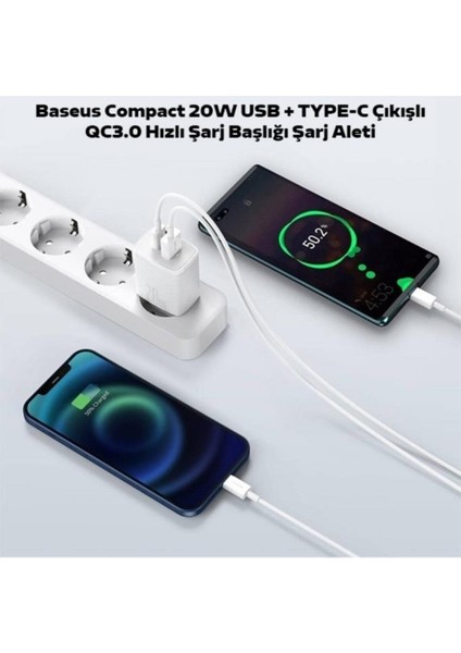 Compact 20W USB + Type-C Çıkışlı Qc3.0 Hızlı Şarj Başlığı Şarj Aleti Beyaz