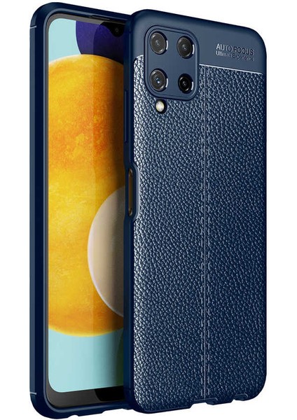 Samsung Galaxy M22 ile Uyumlu Kılıf Darbe Korumalı Deri Görünümlü Silikon Arka ile Uyumlu Kapak - Lacivert