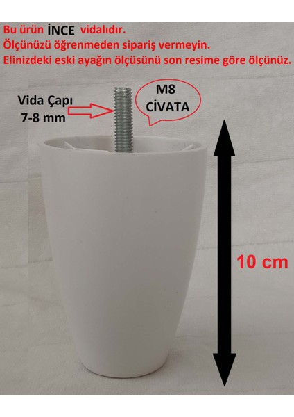 Armut Plastik Baza Ayağı Koltuk - Kanepe Ayağı 4 Adet Beyaz 10 cm M8 Vida (Vida Ölçüsüne Dikkat)