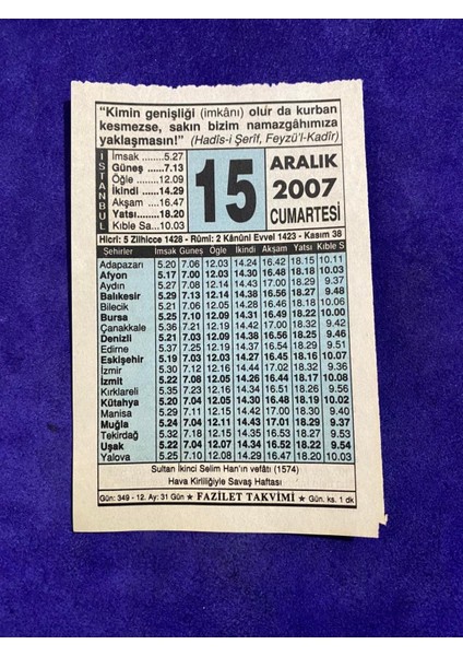 15 Aralık 2007 Takvim Yaprağı - Nostalji Koleksiyonluk Takvim Yaprağı