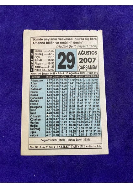 29 Ağustos 2007 Takvim Yaprağı - Nostalji Koleksiyonluk Takvim Yaprağı