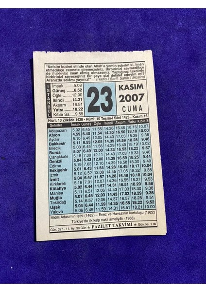 23 Kasım 2007 Takvim Yaprağı - Nostalji Koleksiyonluk Takvim Yaprağı
