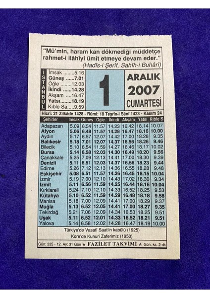 1 Aralık 2007 Takvim Yaprağı - Nostalji Koleksiyonluk Takvim Yaprağı