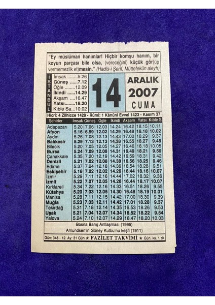 14 Aralık 2007 Takvim Yaprağı - Nostalji Koleksiyonluk Takvim Yaprağı