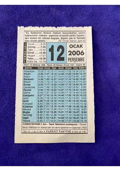 12 Ocak 2006 Takvim Yaprağı - Nostalji Koleksiyonluk Takvim Yaprağı