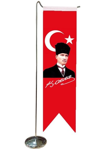 Masa Üstü Kırlangıç Atatürklü Masa Bayrağı + Krom L Direk Masa Bayrak Seti