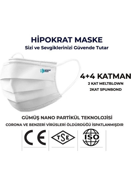 Hipokrat Mask Hipokrat 4+4=8 Katlı Cerrahi Maske 10X3 Paket Gümüş Ion & Biopolimer Katmanlı Virüs Öldürücü