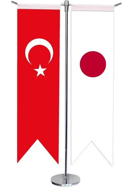 Masaüstü Kırlangıç Japonya + Türk Bayrağı + Krom T Direk Masa Bayrak Seti