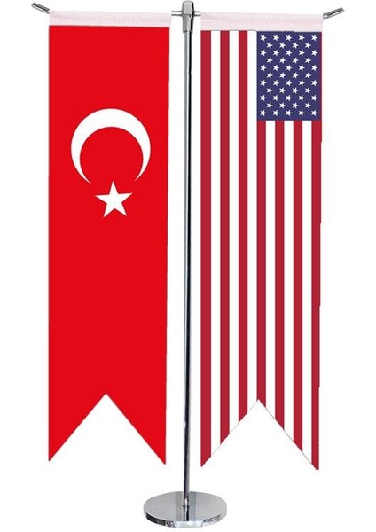 Masaüstü Kırlangıç Amerika + Türk Bayrağı + Krom T Direk Masa Bayrak Seti