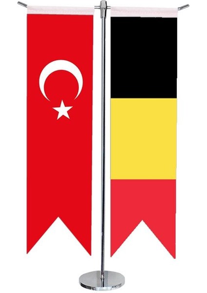 Masaüstü Kırlangıç Belçika + Türk Bayrağı + Krom T Direk Masa Bayrak Seti