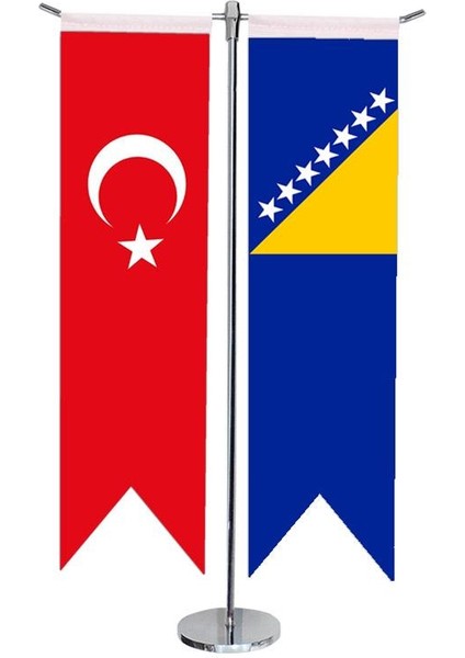 Masaüstü Kırlangıç Bosna Hersek + Türk Bayrağı + Krom T Direk Masa Bayrak Seti