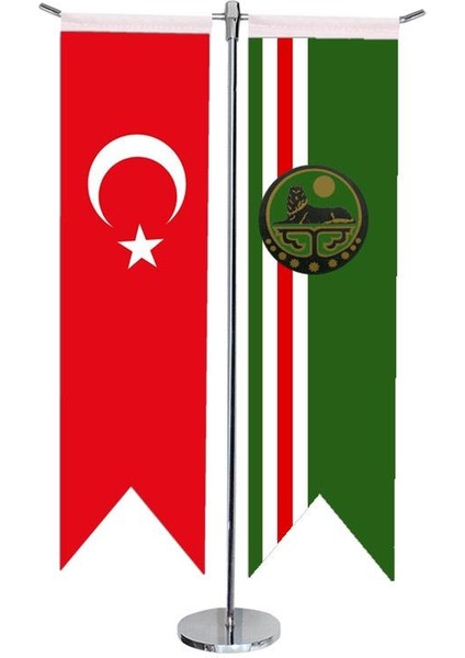 Masaüstü Kırlangıç Çeçenistan Içkerya + Türk Bayrağı + Krom T Direk Masa Bayrak Seti