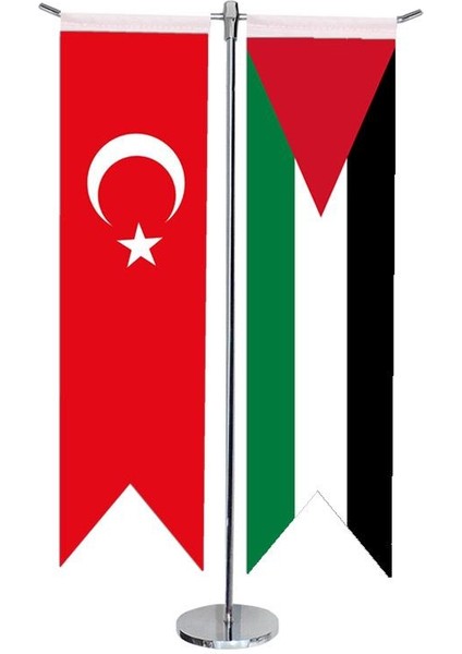 Masaüstü Kırlangıç Filistin + Türk Bayrağı + Krom T Direk Masa Bayrak Seti
