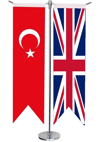 Masaüstü Kırlangıç Ingiltere + Türk Bayrağı + Krom T Direk Masa Bayrak Seti