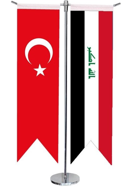 Masaüstü Kırlangıç Irak + Türk Bayrağı + Krom T Direk Masa Bayrak Seti
