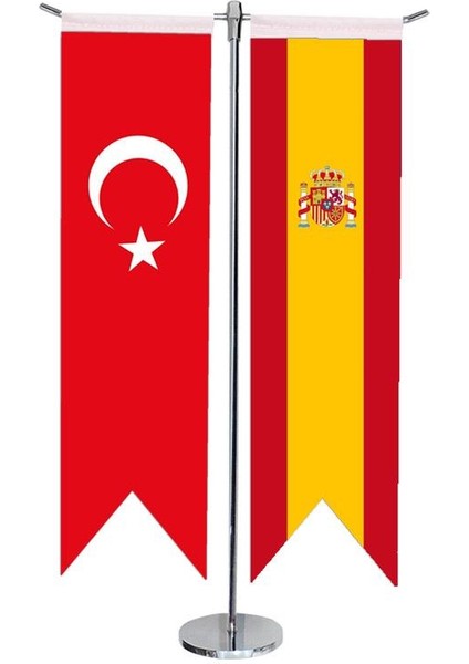 Masaüstü Kırlangıç Ispanya + Türk Bayrağı + Krom T Direk Masa Bayrak Seti
