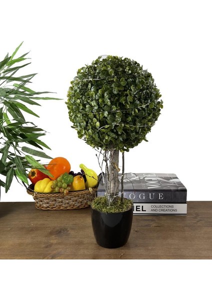 LED Işıklı Şimşir Top Yılbaşı Ağacı Tek Toplu 23CMX45CM Siyah Saksılı