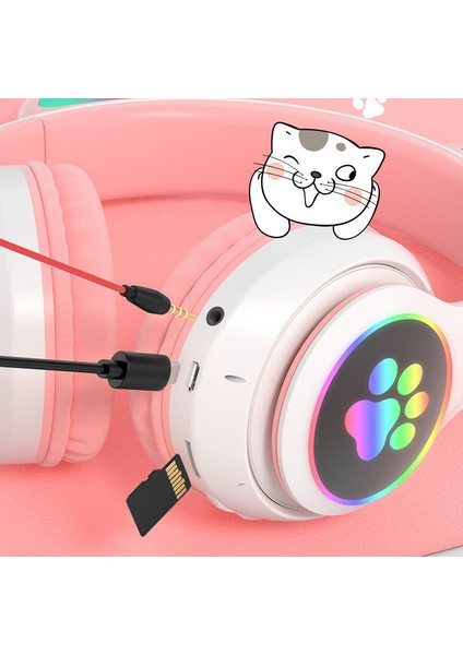 LED Işıklı Bluetooth Özellikli Kedi Kulak Şeklinde Kablosuz Kulaklık - Pembe (Yurt Dışından)