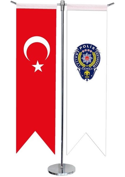 Masaüstü Kırlangıç Polis Arması + Türk Bayrağı + Krom T Direk Masa Bayrak Seti