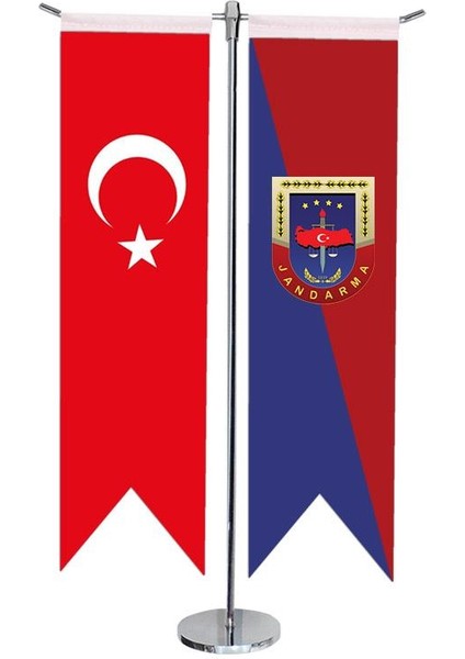 Masaüstü Kırlangıç Jandarma + Türk Bayrağı + Krom T Direk Masa Bayrak Seti