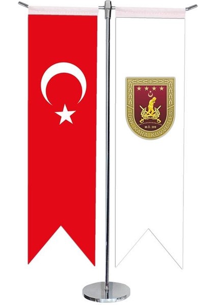 Masaüstü Kırlangıç Kara Kuvvetleri + Türk Bayrağı + Krom T Direk Masa Bayrak Seti