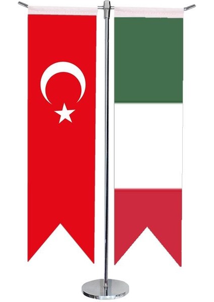 Masaüstü Kırlangıç Macaristan + Türk Bayrağı + Krom T Direk Masa Bayrak Seti