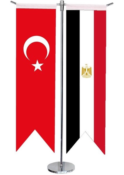 Masaüstü Kırlangıç Mısır + Türk Bayrağı + Krom T Direk Masa Bayrak Seti