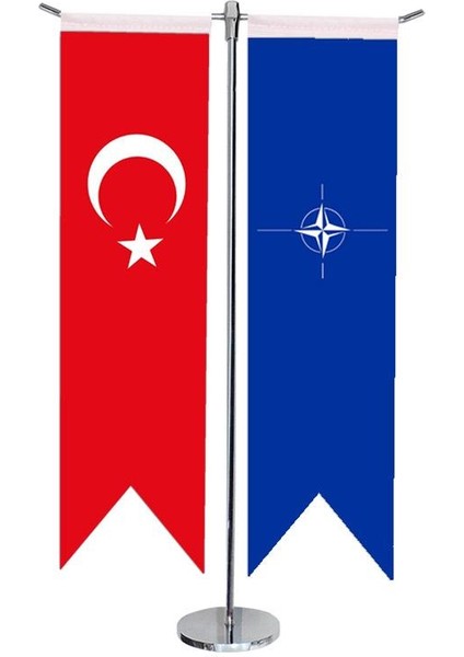 Masaüstü Kırlangıç Nato + Türk Bayrağı + Krom T Direk Masa Bayrak Seti