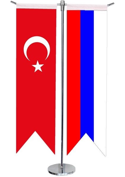 Masaüstü Kırlangıç Rusya + Türk Bayrağı + Krom T Direk Masa Bayrak Seti