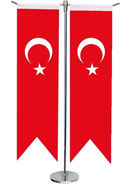 Masaüstü Kırlangıç Ikili Türk Bayrağı + Krom T Direk Masa Bayrak Seti