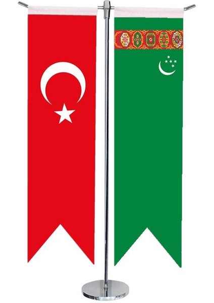 Masaüstü Kırlangıç Türkmenistan + Türk Bayrağı + Krom T Direk Masa Bayrak Seti