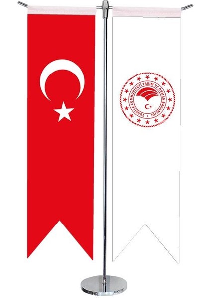 Masaüstü Kırlangıç Tarım Bakanlığı + Türk Bayrağı + Krom T Direk Masa Bayrak Seti