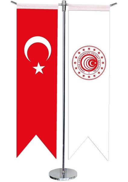 Masaüstü Kırlangıç Ticaret Bakanlığı + Türk Bayrağı + Krom T Direk Masa Bayrak Seti