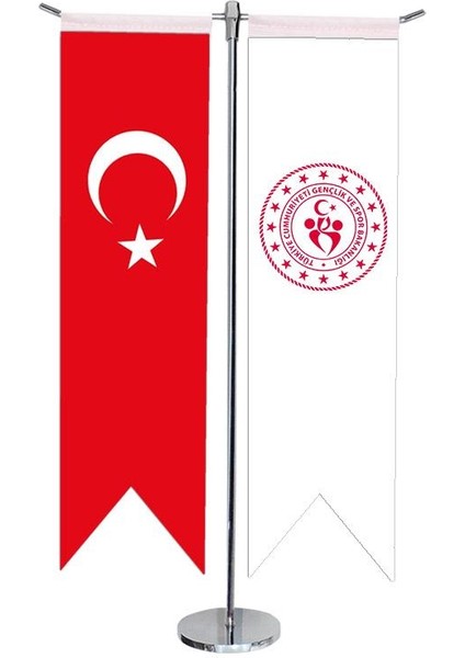 Masaüstü Kırlangıç Gençlik ve Spor Bakanlığı + Türk Bayrağı + Krom T Direk Masa Bayrak Seti