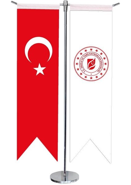 Masaüstü Kırlangıç Enerji Bakanlığı + Türk Bayrağı + Krom T Direk Masa Bayrak Seti