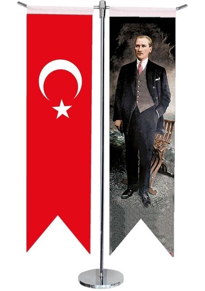 Masaüstü Kırlangıç Atatürk + Türk Bayrağı + Krom T Direk Masa Bayrak Seti