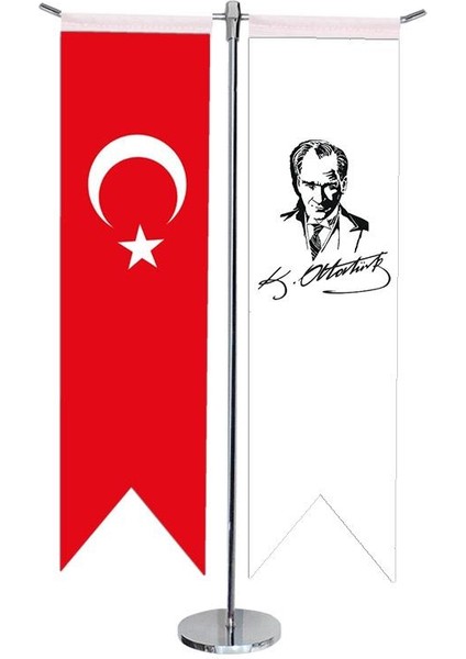 Masaüstü Kırlangıç Atatürk Imzalı Masa + Türk Bayrağı + Krom T Direk Masa Bayrak Seti