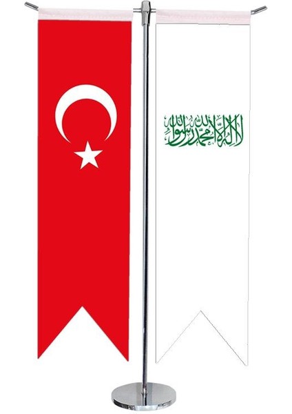 Masaüstü Kırlangıç Beyaz Osmanlı Arması + Türk Bayrağı + Krom T Direk Masa Bayrak Seti