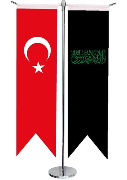 Masaüstü Kırlangıç Siyah Kelimei Tevhid + Türk Bayrağı + Krom T Direk Masa Bayrak Seti
