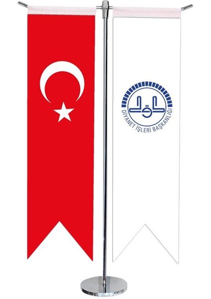 Masaüstü Kırlangıç Diyanet Işleri + Türk Bayrağı + Krom T Direk Masa Bayrak Seti