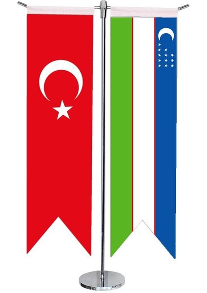 Masaüstü Kırlangıç Özbekistan + Türk Bayrağı + Krom T Direk Masa Bayrak Seti