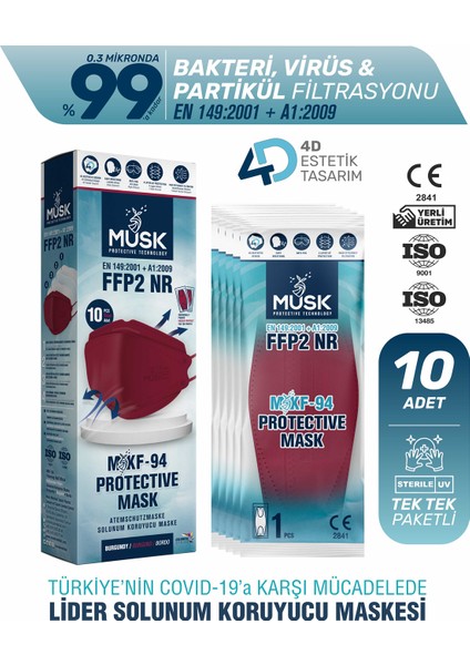KF94 Kore Tipi Ffp2 Maske Bordo Renk 10 Adet