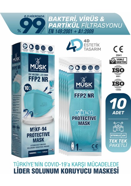 KF94 Kore Tipi Ffp2 Maske Turkuaz Renk 10 Adet