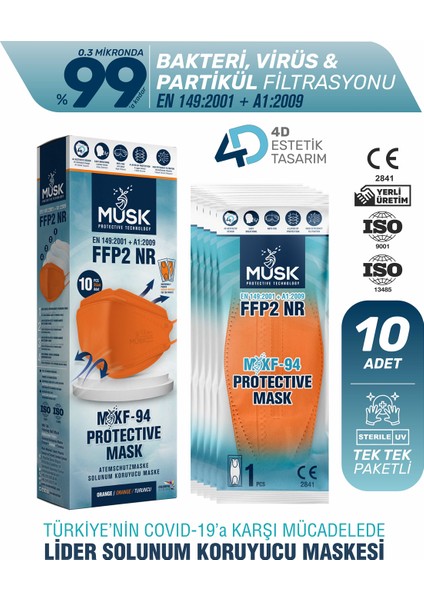KF94 Kore Tipi Ffp2 Maske Turuncu Renk 10 Adet
