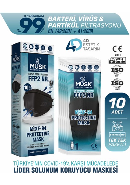 KF94 Kore Tipi N95 Maske Siyah Renk 10 Adet
