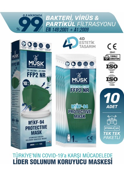 KF94 Kore Tipi N95 Maske Yeşil Renk 10 Adet