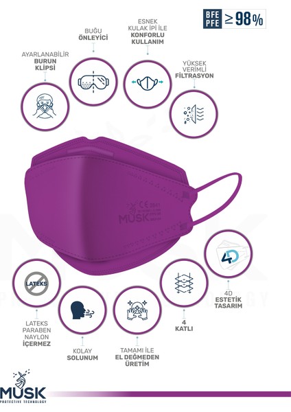 KF94 Kore Tipi N95 Maske Mor Renk 10 Adet fiyatları