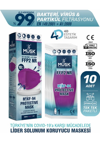 KF94 Kore Tipi Ffp2 Maske Mor Renk 10 Adet