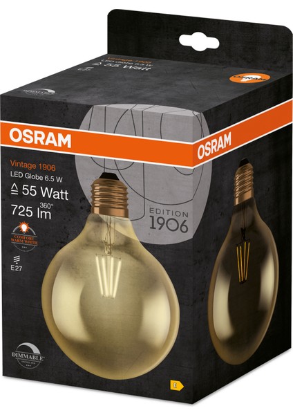 Vintage 1906 6,5-55W G125 Globe 12.5cm Çap Sarı Işık Dimmable LED Rustik Ampul