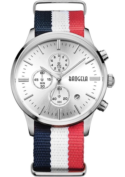 1611 Küçük Üç Pin Aydınlık Chronograph Takvim Kuvars Izle Erkekler Için (Mavi Beyaz Kırmızı Çelik Beyaz)